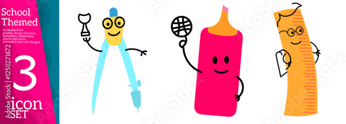 Stationery. Cartoon characters with faces. Friendly company of tools for painting and creating. Back to school, character background template with cute cartoon mascots on white background. Vector