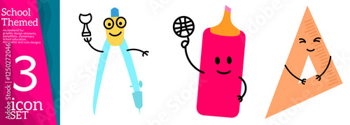 Books, pencils and other stationery.Isolated on white background. School supplies set, back to school or study concept, cute cartoon characters, Kids vector flat illustration about education