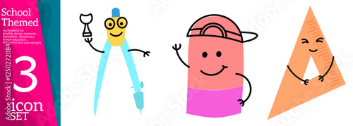 Books, pencils and other stationery.Isolated on white background. School supplies set, back to school or study concept, cute cartoon characters, Kids vector flat illustration about education