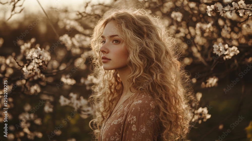 Young woman with curly blonde hair stands amidst blooming sakura trees, embodying serenity and natural beauty. Young woman with curly blonde hair stands amidst blooming sakura trees, embodying serenity and natural beauty.