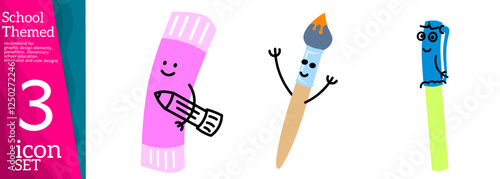 Books, pencils and other stationery.Isolated on white background. School supplies set, back to school or study concept, cute cartoon characters, Kids vector flat illustration about education