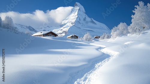 Serene winter landscape featuring snow-covered mountains and charming chalets under a clear blue sky