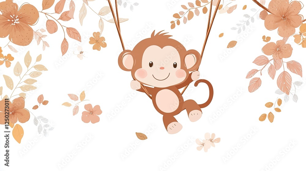Cute cartoon monkey swinging on a rope surrounded by soft floral elements in a serene setting Cute cartoon monkey swinging on a rope surrounded by soft floral elements in a serene setting