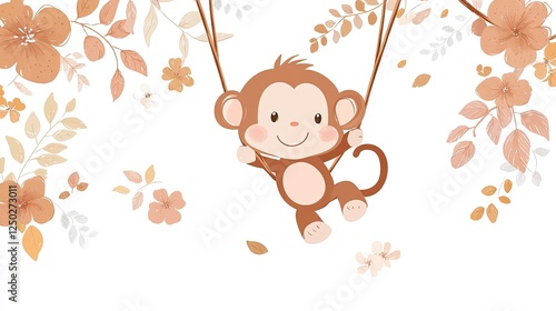 Cute cartoon monkey swinging on a rope surrounded by soft floral elements in a serene setting
