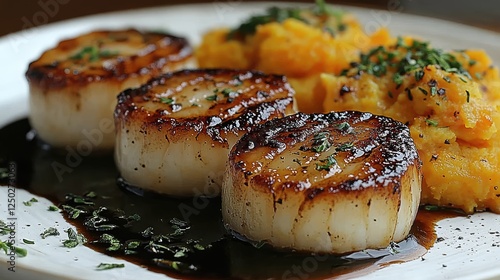 Grilled scallops served with creamy mashed sweet potatoes and a rich sauce on a plate