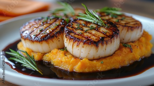 Grilled scallops served on a bed of creamy sweet potato puree, garnished with herbs
