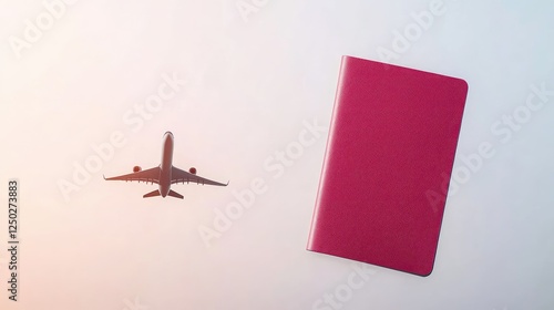 Aerial view of an airplane flying above a vibrant pink notebook against a soft gradient sky