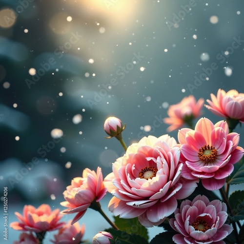 Snowflakes gently falling on vintage garden flowers, delicate, winter, fall