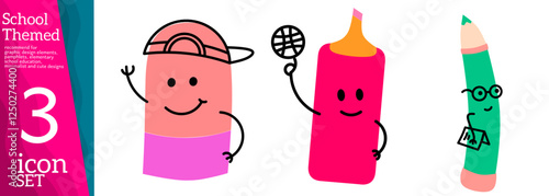 Books, pencils and other stationery.Isolated on white background. School supplies set, back to school or study concept, cute cartoon characters, Kids vector flat illustration about education