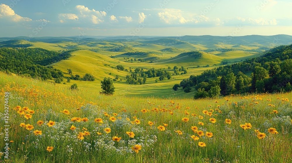 Vibrant meadow landscape with wildflowers under a blue sky and rolling hills in the background Vibrant meadow landscape with wildflowers under a blue sky and rolling hills in the background