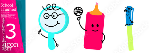 Books, pencils and other stationery.Isolated on white background. School supplies set, back to school or study concept, cute cartoon characters, Kids vector flat illustration about education