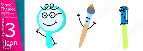 Books, pencils and other stationery.Isolated on white background. School supplies set, back to school or study concept, cute cartoon characters, Kids vector flat illustration about education