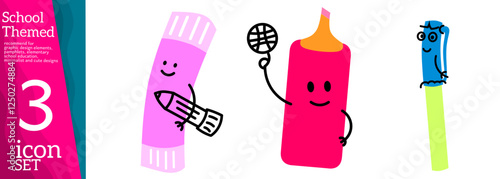 Books, pencils and other stationery.Isolated on white background. School supplies set, back to school or study concept, cute cartoon characters, Kids vector flat illustration about education