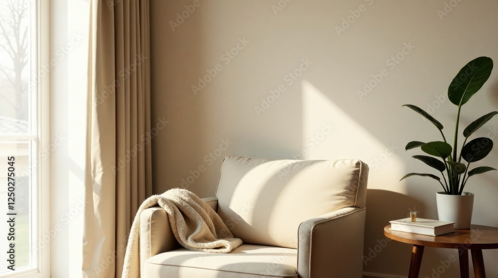 Relaxing armchair bathed in sunlight near a window with sheer curtains and a houseplant Relaxing armchair bathed in sunlight near a window with sheer curtains and a houseplant