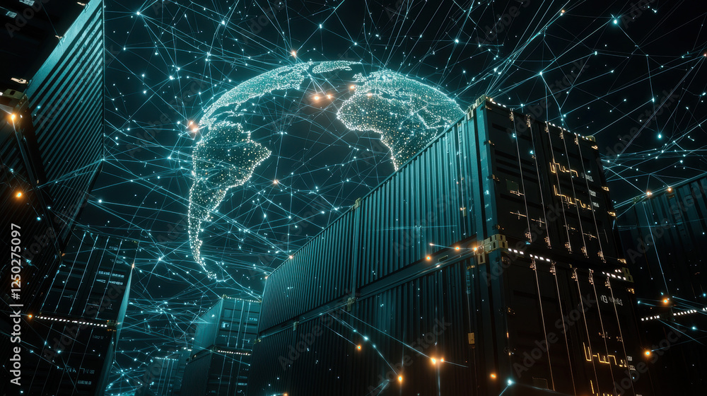 Obraz premium digital representation of global network above shipping containers, showcasing connectivity and technology
