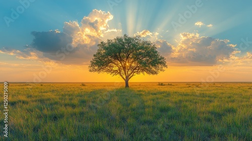 Majestic solitary tree under a vibrant sunset with rays of light illuminating the sky