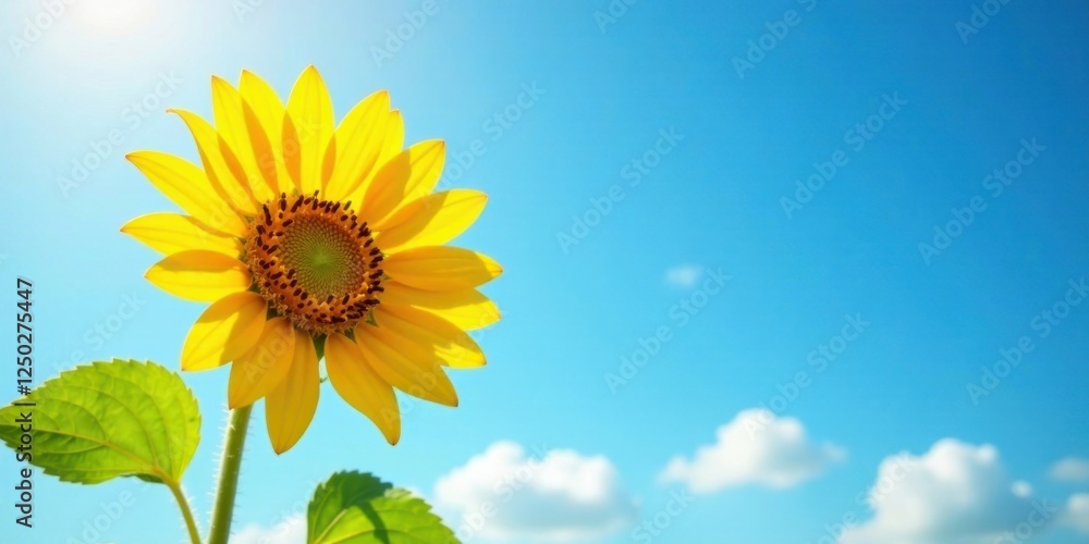 A Single Sunflower Facing the Bright Summer Sun and Fluffy White Clouds in a Vibrant Blue Sky A Single Sunflower Facing the Bright Summer Sun and Fluffy White Clouds in a Vibrant Blue Sky