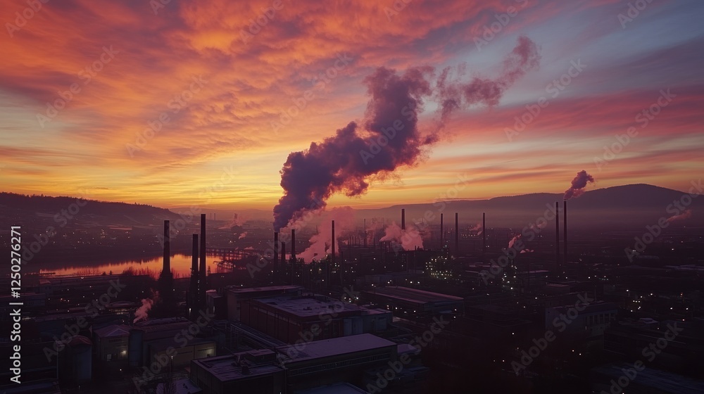 Industrial landscape at sunset with smoke and silhouettes of factories.