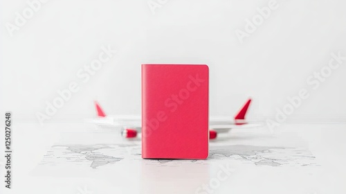 Bright red travel passport holder positioned on a world map with an airplane model in the background