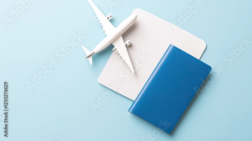 Travel Preparation with Airplane Model, Passport, and Blank Notepad on Light Blue Background