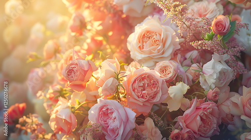 Fototapeta Naklejka Na Ścianę i Meble -  A cascading floral arrangement of pastel roses and peonies