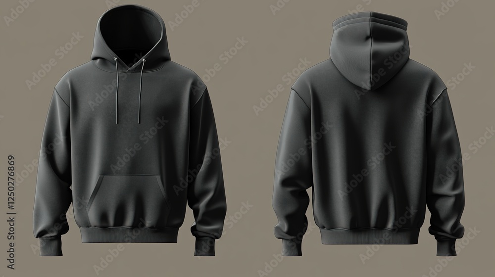 Front and Rear View of Dark Grey Boxy Fit Hoodie Jacket Mockup, Cotton and Linen Materials Front and Rear View of Dark Grey Boxy Fit Hoodie Jacket Mockup, Cotton and Linen Materials
