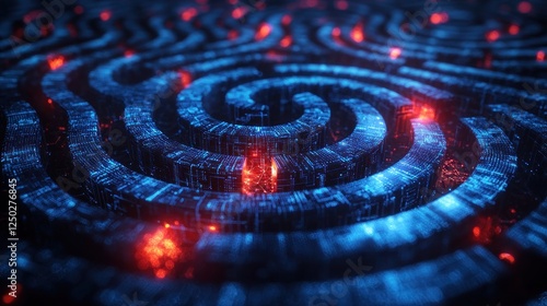 Abstract Digital Fingerprint Pattern with Blue and Red Glowing Elements