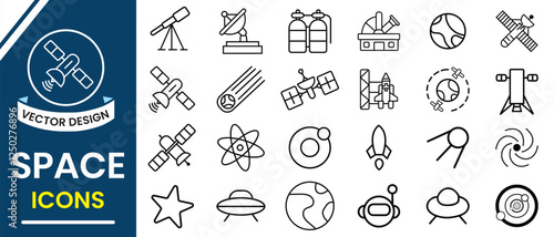Space icons, vector set. Space, Astronomy line icon set. Outline of Sun, galaxy, earth, moon, space planet, rocket astronaut, satellite, astronaut, robot, alien minimal vector illustrations.