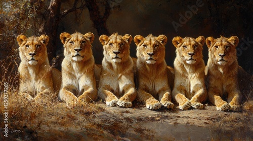 A pride of six lions resting in the savanna, surrounded by golden grasses and trees