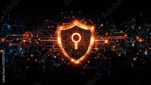 Digital shield symbolizing cybersecurity with glowing circuits and a keyhole, representing protection