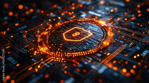 Abstract representation of digital security with glowing circuits and a shield symbolizing protection