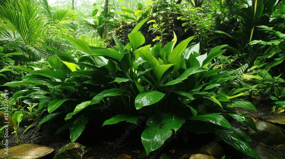 Lush green foliage in a vibrant rainforest with droplets on leaves and dense vegetation Lush green foliage in a vibrant rainforest with droplets on leaves and dense vegetation