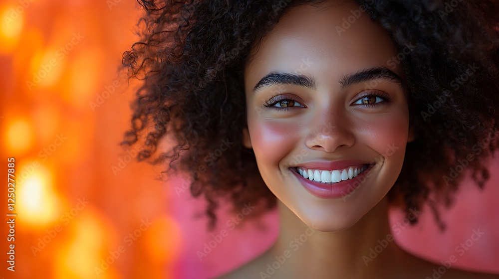 Radiant Smile, Warm Glow: A close-up portrait of a young woman with a radiant smile and naturally curly hair, set against a warm, amber backdrop. Her joyful expression is captivating. Radiant Smile, Warm Glow: A close-up portrait of a young woman with a radiant smile and naturally curly hair, set against a warm, amber backdrop. Her joyful expression is captivating.