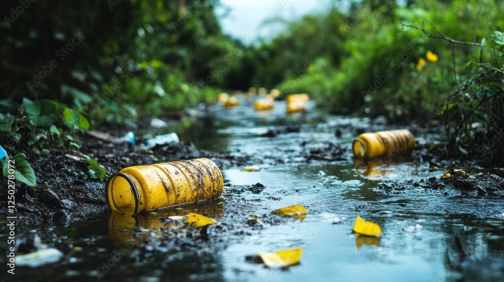 Fototapeta premium Environmental pollution with plastic waste in river streams and forest area