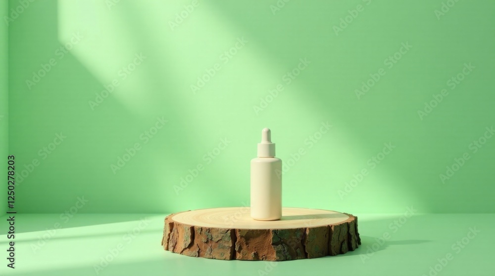 Serene product display featuring a minimalist bottle on a natural wooden base against a soft green backdrop Serene product display featuring a minimalist bottle on a natural wooden base against a soft green backdrop