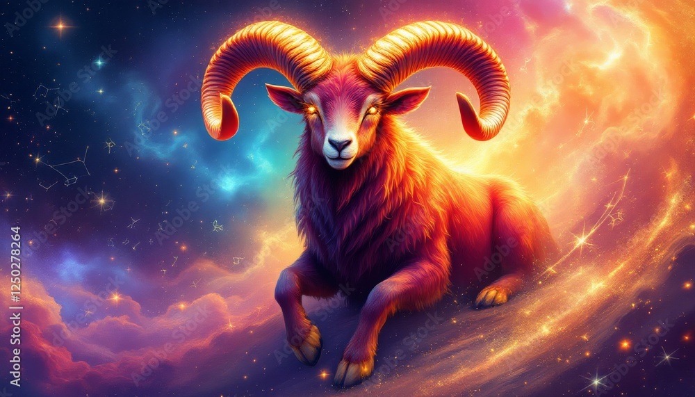 Fiery Ram Illustration with Cosmic Background Depicting the Zodiac Sign Aries Fiery Ram Illustration with Cosmic Background Depicting the Zodiac Sign Aries