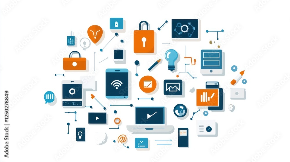 A collection of digital icons representing technology, security, analytics, and communication, featuring devices and symbols in a vibrant color palette. A collection of digital icons representing technology, security, analytics, and communication, featuring devices and symbols in a vibrant color palette.