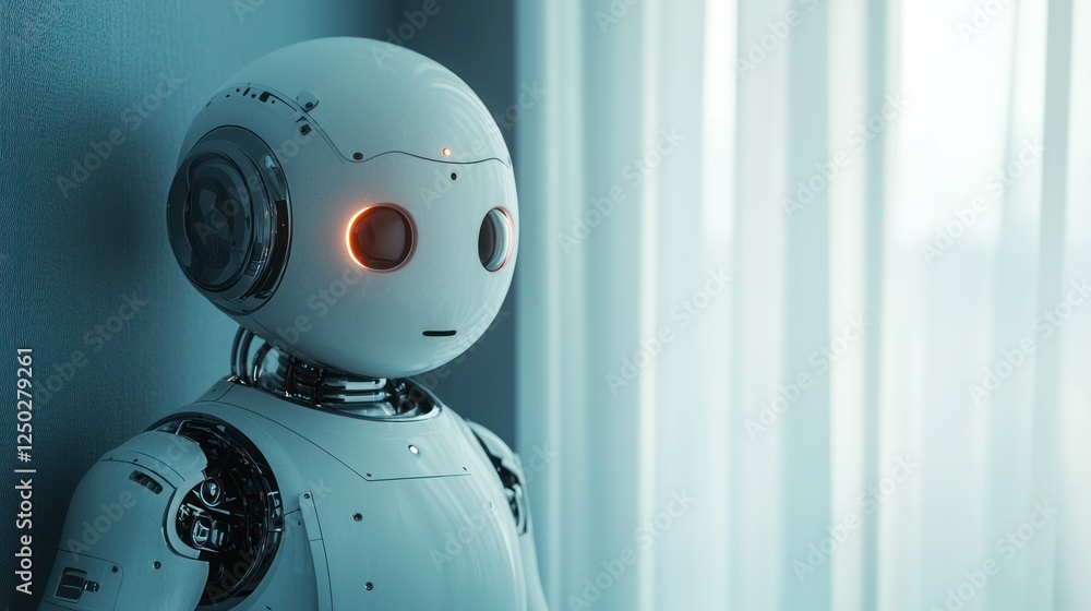 A humanoid robot with expressive features stands against a wall, illuminated by soft light, conveying a sense of curiosity and futuristic aesthetics.