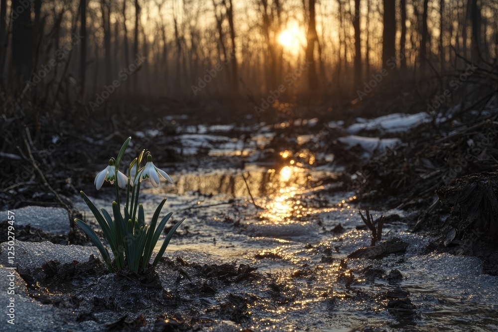 Delicate Snowdrops Emerging from Winter Ice at Sunrise Delicate Snowdrops Emerging from Winter Ice at Sunrise