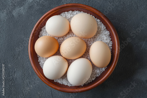 Raw eggs resting on a bed of coarse salt in a rustic bowl, A beautifully arranged bowl of fresh eggs in various colors resting on salt, showcasing the simplicity and elegance of natural ingredients.
