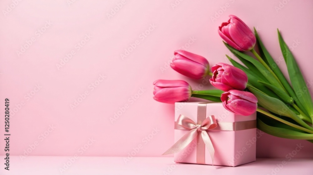 Fototapeta premium Pink tulips and a pastel gift box on a pink background, a lovely springtime scene perfect for greeting cards or special occasion announcements.
