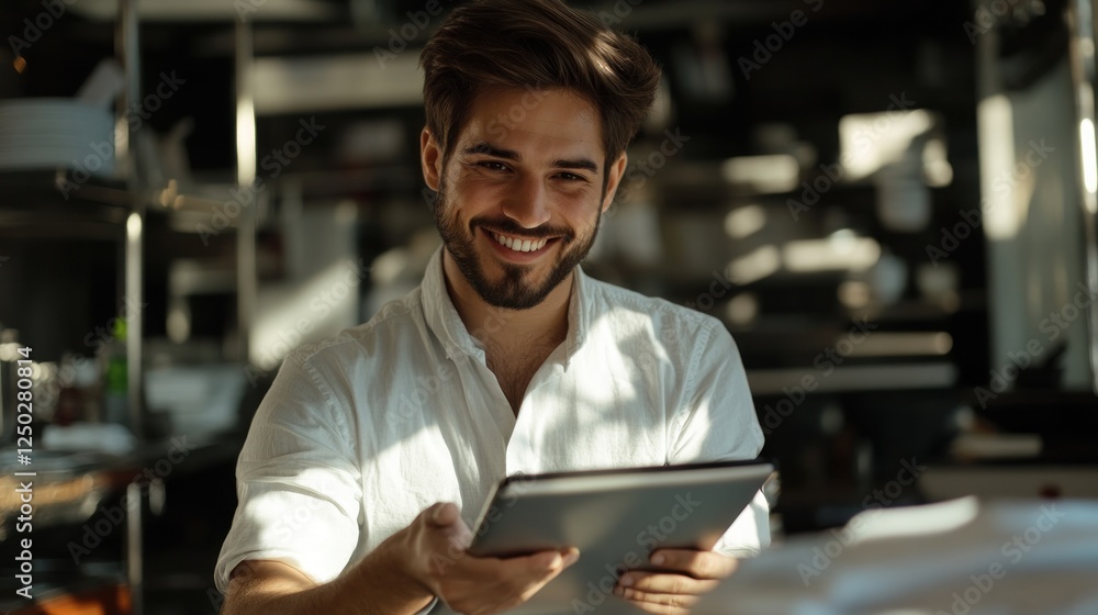Smiling Man Using Tablet in Cafe Setting Smiling Man Using Tablet in Cafe Setting