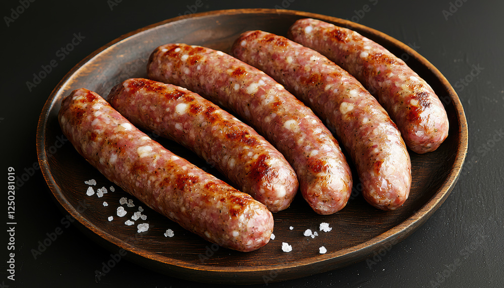 Grilled sausage links arranged on a rustic wooden plate with salt grains, A plate of delicious sausages garnished with salt, perfect for any culinary presentation or food-related project. Grilled sausage links arranged on a rustic wooden plate with salt grains, A plate of delicious sausages garnished with salt, perfect for any culinary presentation or food-related project.
