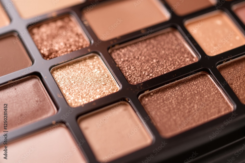 Close-up of a makeup eyeshadow palette featuring shimmering and matte shades in warm neutral tones. Ideal for beauty, cosmetics, and fashion concepts. Ai generative Close-up of a makeup eyeshadow palette featuring shimmering and matte shades in warm neutral tones. Ideal for beauty, cosmetics, and fashion concepts. Ai generative