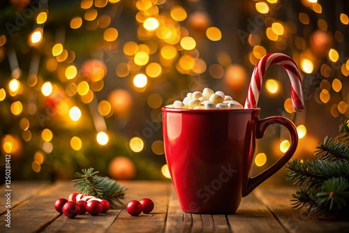 Silhouette of Hot Cocoa with Marshmallows & Candy Canes by Christmas Tree photo