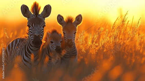 Three zebras, including a young foal, stand in golden grass at sunset, showcasing nature's beauty