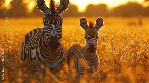 Two zebras, one adult and one juvenile, walking through golden grass at sunset in a serene landscape