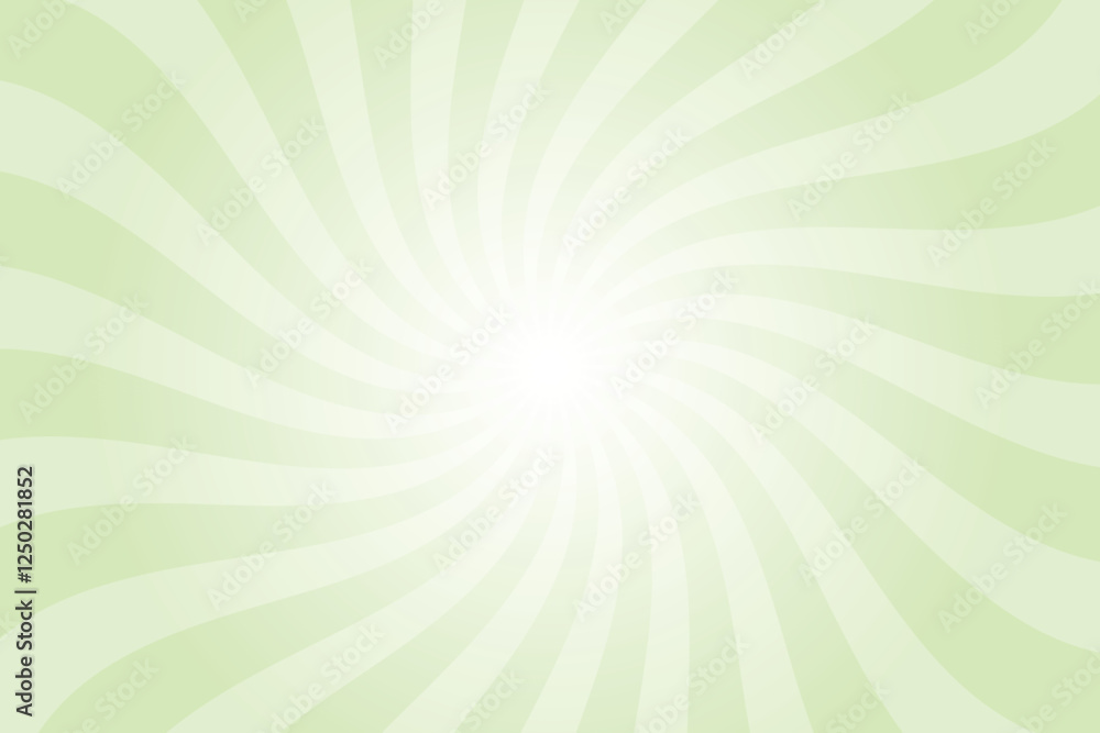Green background with white sun ray. Pattern of starburst. Abstract pale green texture with light of sunburst. Radial beam of sunlight. Retro background with flash. Design of sunbeams.