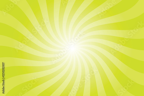 Green background with white sun ray. Pattern of starburst. Abstract greenish yellow texture with light of sunburst. Radial beam of sunlight. Retro background with flash. Design of sunbeams.