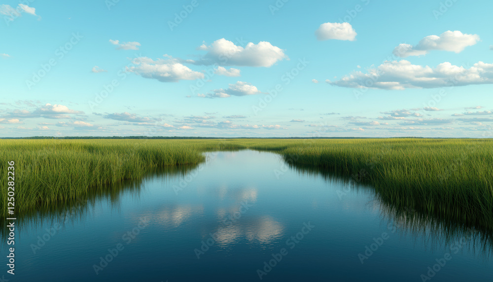 A serene bird sanctuary with water reflecting the sky, A serene landscape featuring a tranquil river reflecting fluffy clouds and lush greenery under a clear blue sky. A serene bird sanctuary with water reflecting the sky, A serene landscape featuring a tranquil river reflecting fluffy clouds and lush greenery under a clear blue sky.